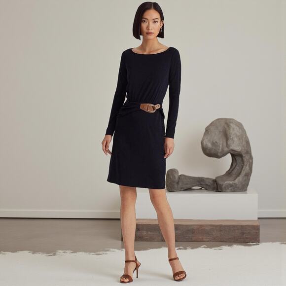 NWT Lauren Ralph Lauren Buckle Trim Stretch Jersey Navy Blue Dress 2 RP $179 - Picture 3 of 6